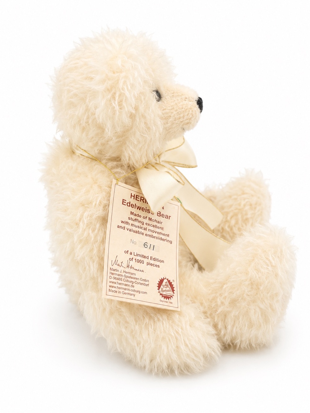BEAUTIFUL!! Hermann White German Mohair Edelweiss Musical Bear! - Picture 5 of 9